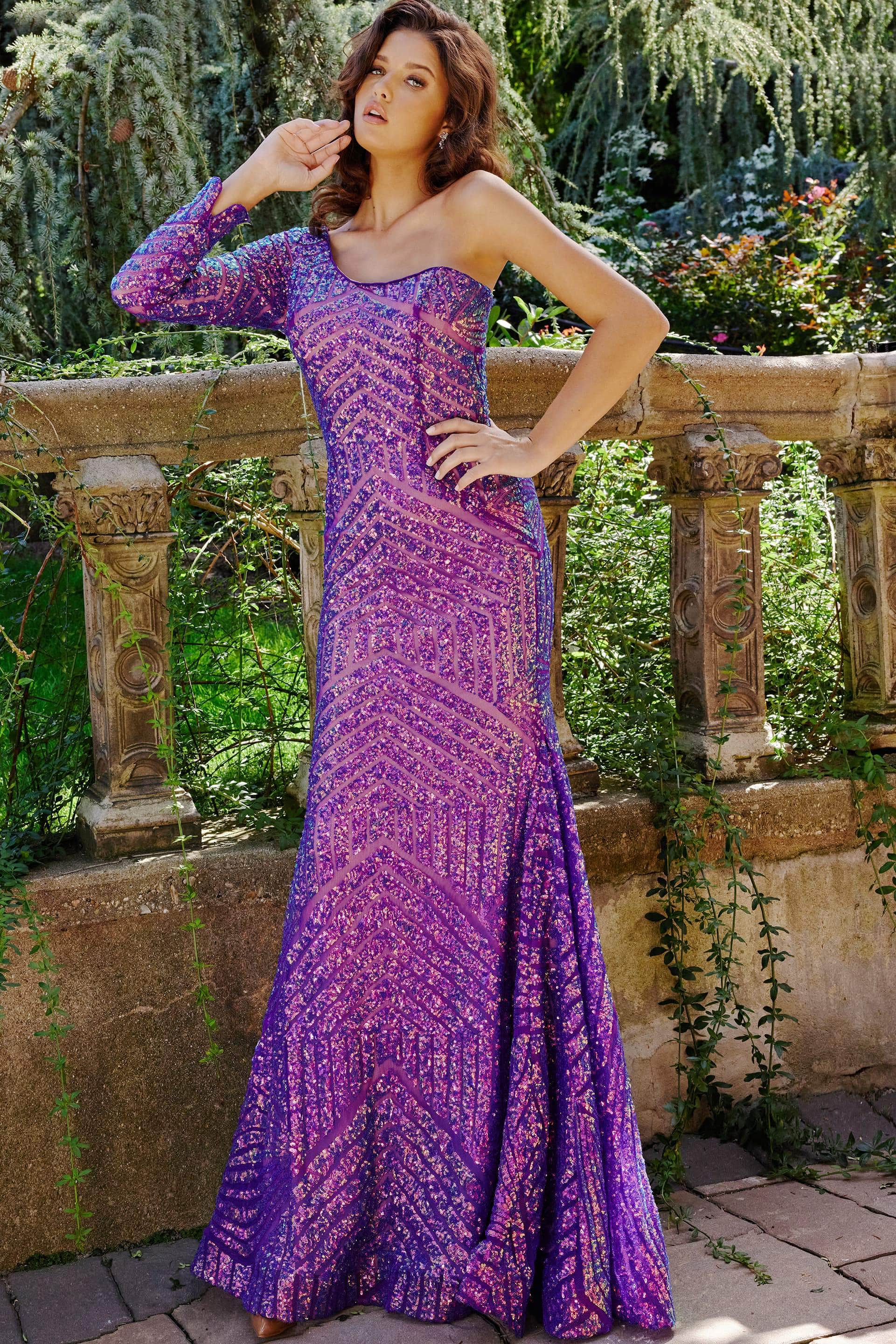 Jovani 24098 - One Sleeved Sequin Prom Dress - designer prom dress at Silhouette Dresses