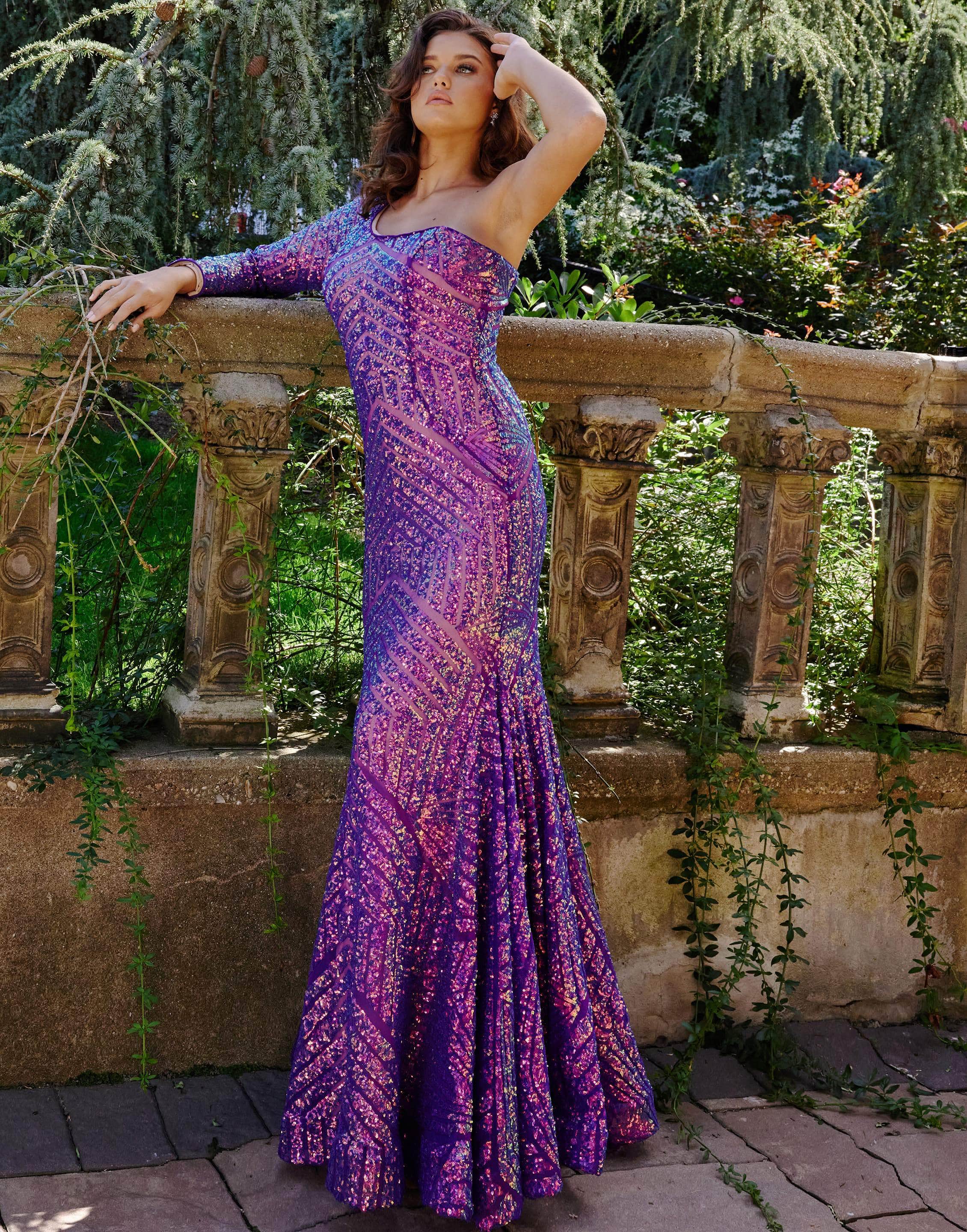 Jovani 24098 - One Sleeved Sequin Prom Dress - back view