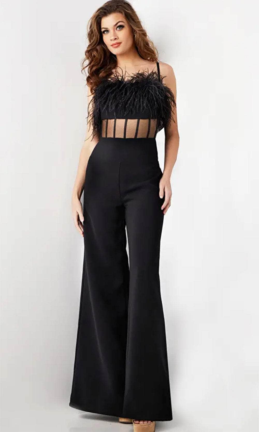 Jovani 24144 - Sleeveless Feather Detailed Jumpsuit - designer formal jumpsuit at Silhouette Dresses