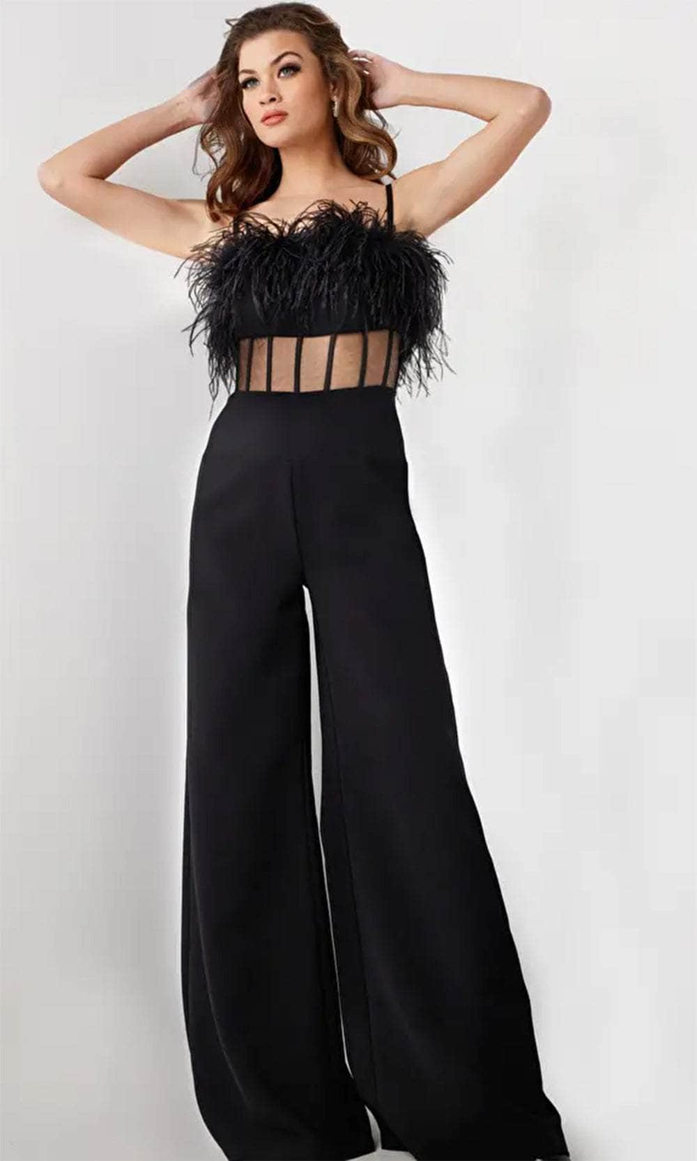 Jovani 24144 - Sleeveless Feather Detailed Jumpsuit - back view