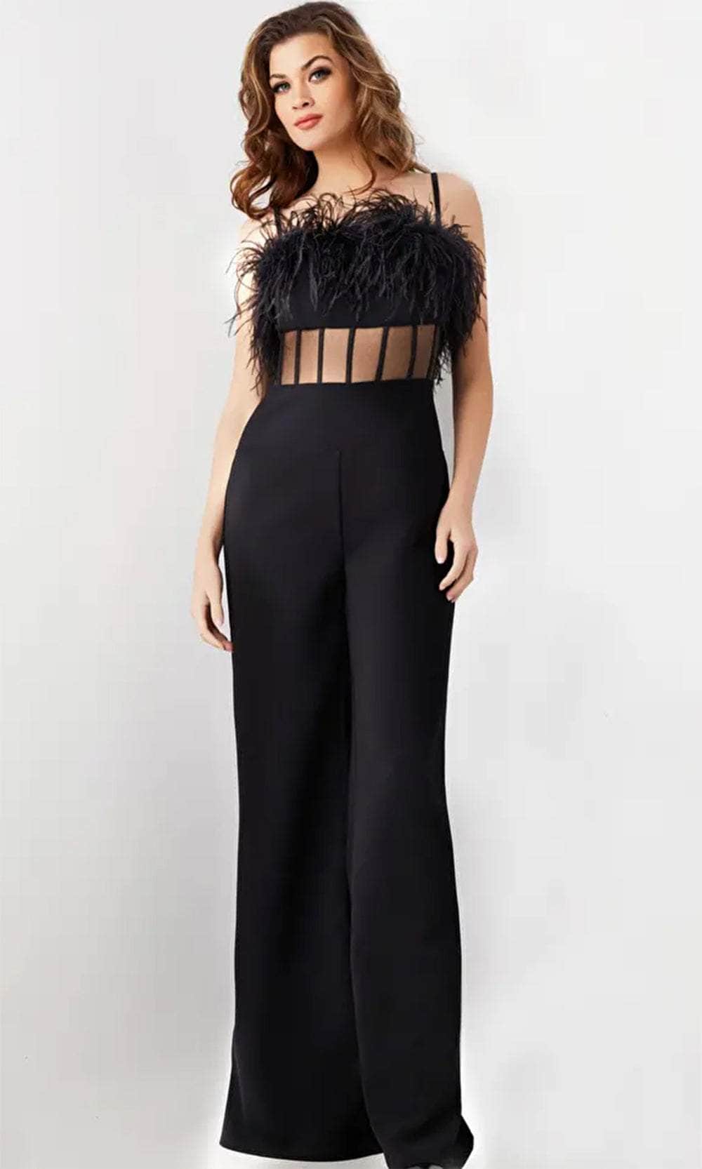 Jovani 24144 - Sleeveless Feather Detailed Jumpsuit - detail view