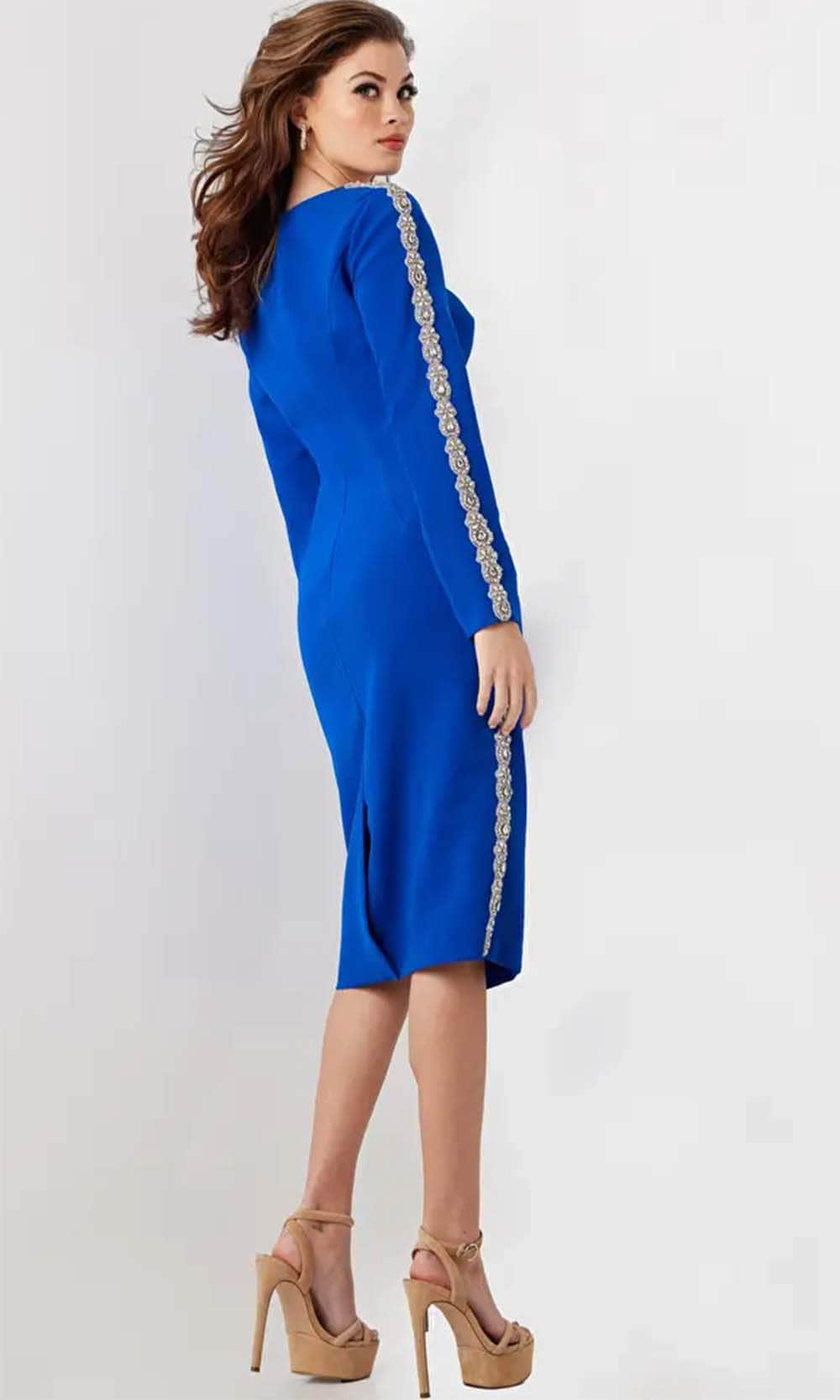 Jovani 24192 - Embellished Side Long Sleeve Knee-Length Dress - back view