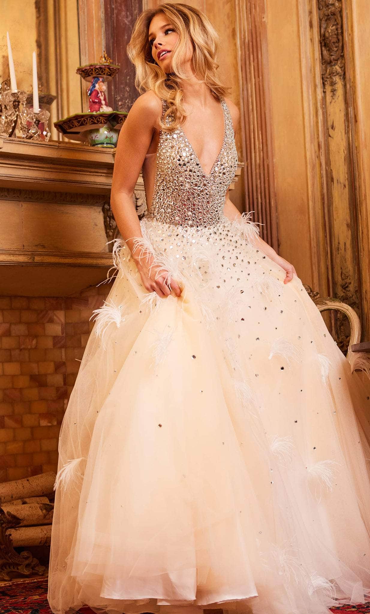 Jovani 24255 - Beaded V-Neck Feather Ballgown - designer ball gown at Silhouette Dresses
