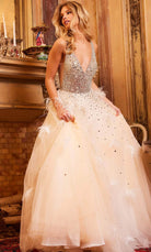 Jovani 24255 - Beaded V-Neck Feather Ballgown - designer ball gown at Silhouette Dresses