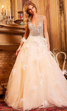 Jovani 24255 - Beaded V-Neck Feather Ballgown - view 4