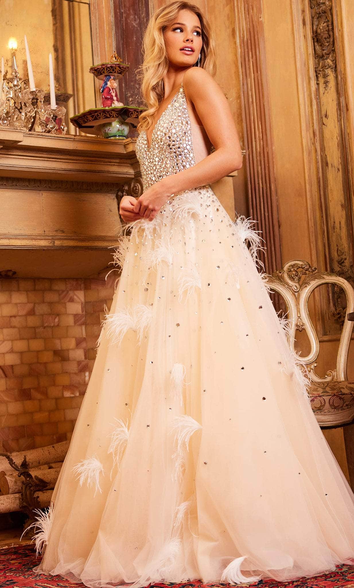 Jovani 24255 - Beaded V-Neck Feather Ballgown - detail view