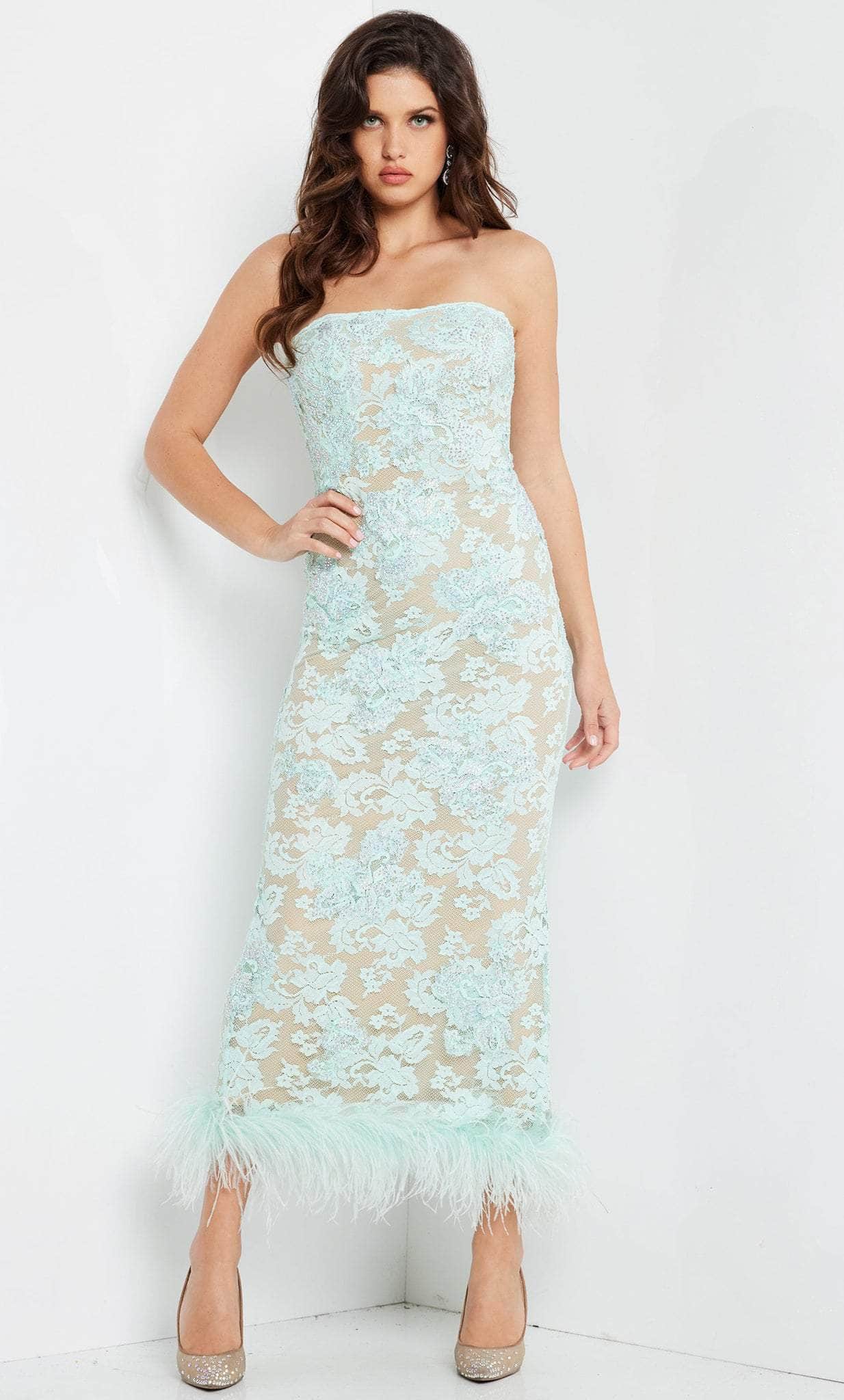 Jovani 24256 - Feather Hem Lace Evening Dress - designer evening gown at Silhouette Dresses