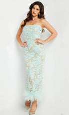 Jovani 24256 - Feather Hem Lace Evening Dress - back view