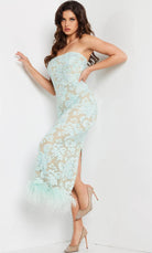 Jovani 24256 - Feather Hem Lace Evening Dress - detail view