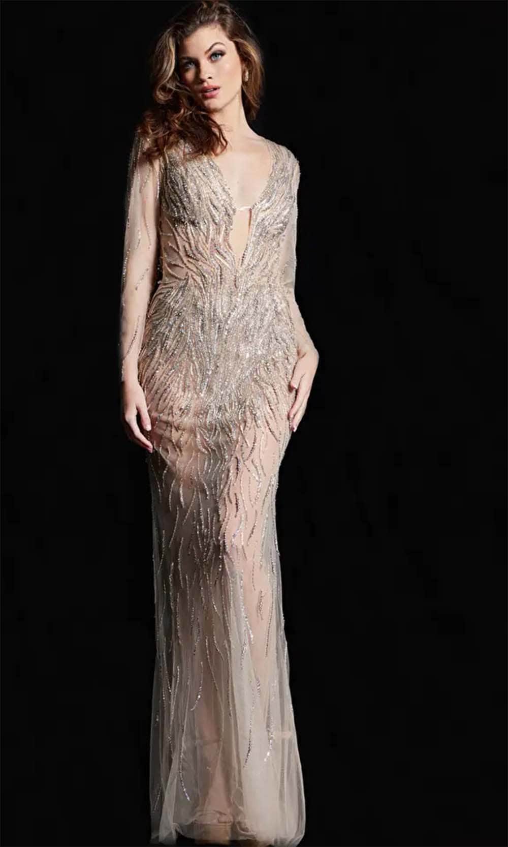 Jovani 26275 - Long Sleeve Plunging Neck Evening Dress - designer evening gown at Silhouette Dresses