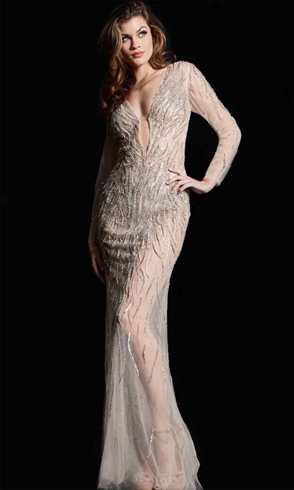 Jovani 26275 - Long Sleeve Plunging Neck Evening Dress - detail view