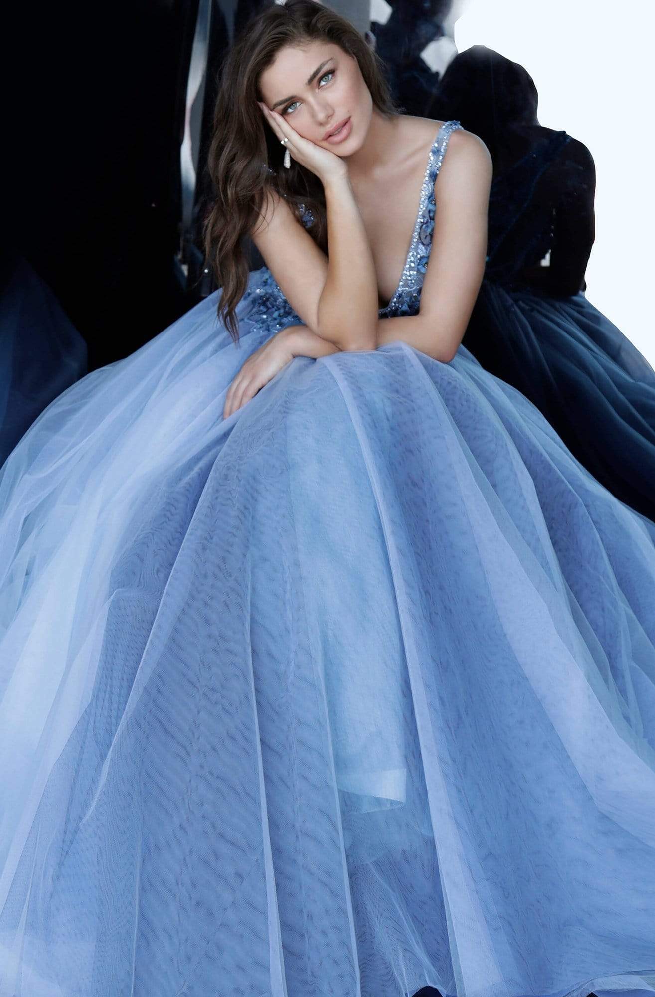 Jovani - 3110 Floral Applique Deep V-neck Tulle Ballgown - designer ball gown at Silhouette Dresses