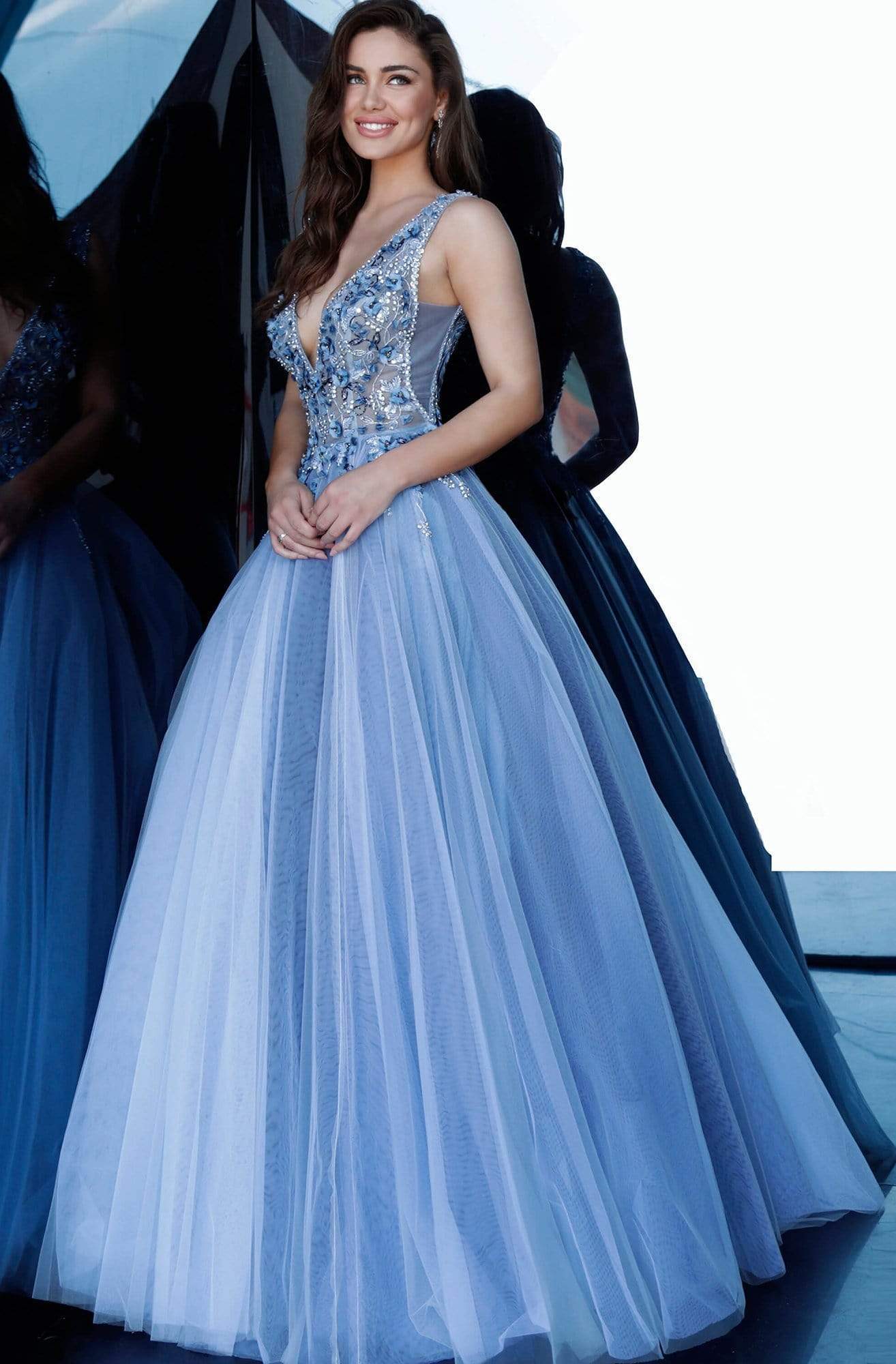 Jovani - 3110 Floral Applique Deep V-neck Tulle Ballgown - back view