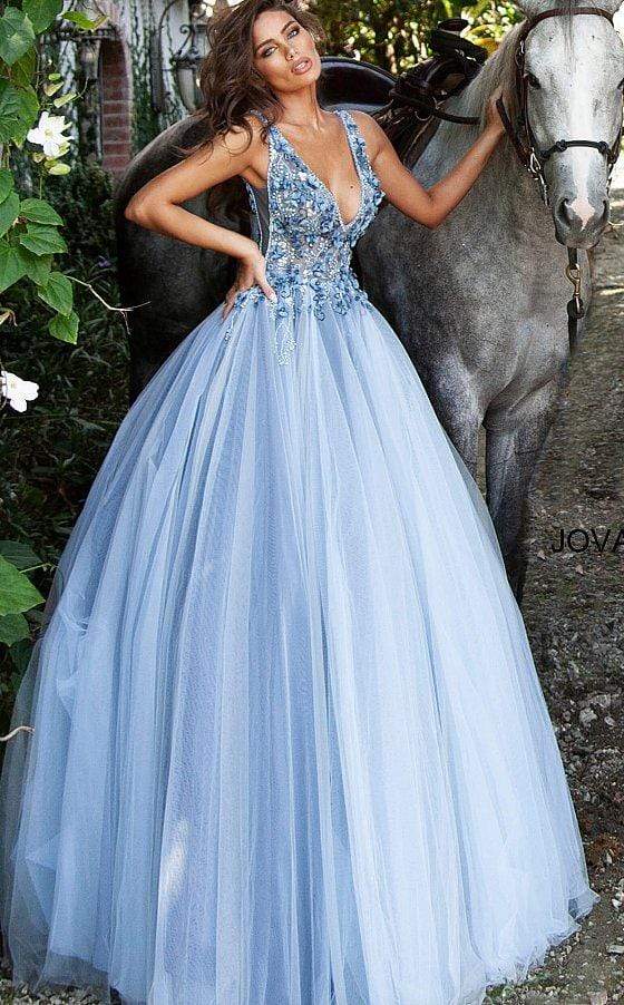 Jovani - 3110 Floral Applique Deep V-neck Tulle Ballgown - detail view