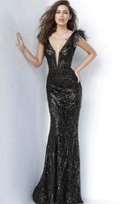 Jovani - 3180 Feathered Cap Sleeve Patterned Sequin Gown - designer prom dress at Silhouette Dresses