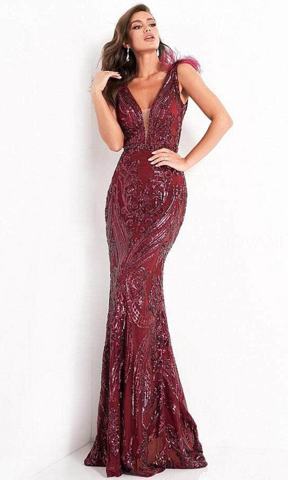 Jovani - 3180 Feathered Cap Sleeve Patterned Sequin Gown - back view