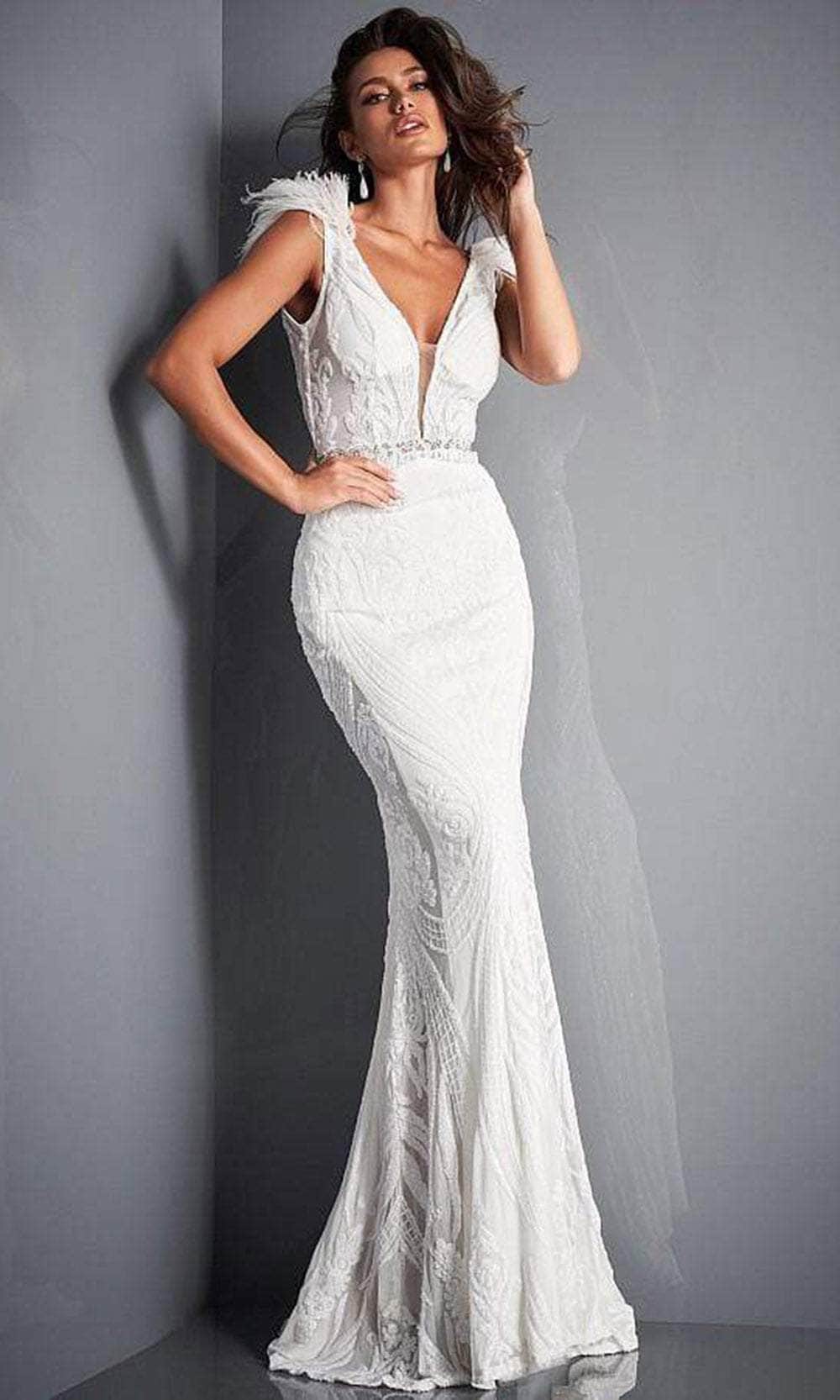Jovani - 3180 Feathered Cap Sleeve Patterned Sequin Gown - view 5