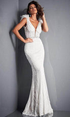 Jovani - 3180 Feathered Cap Sleeve Patterned Sequin Gown - view 5