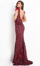Jovani - 3180 Feathered Cap Sleeve Patterned Sequin Gown - detail view