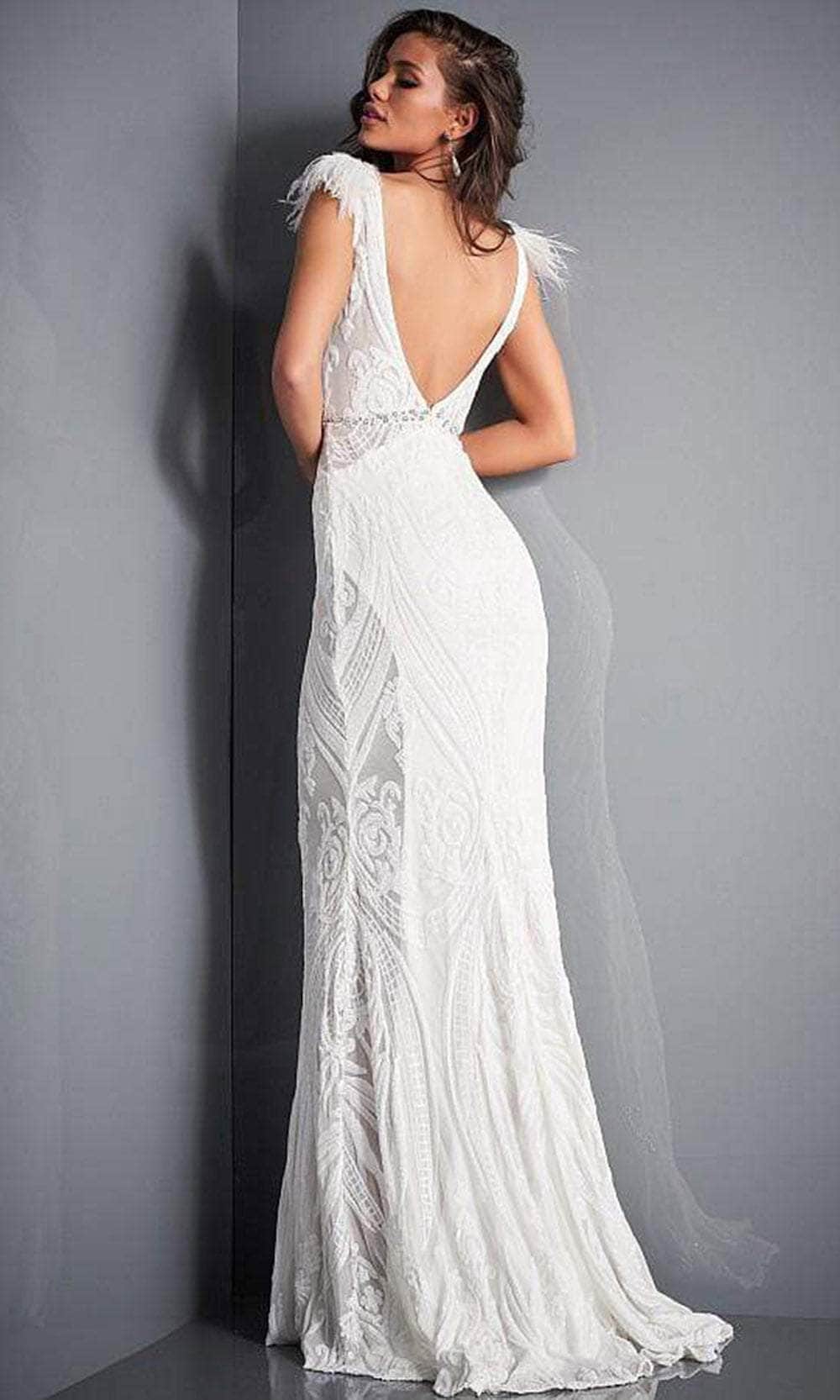 Jovani - 3180 Feathered Cap Sleeve Patterned Sequin Gown - view 6