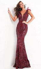 Jovani - 3180 Feathered Cap Sleeve Patterned Sequin Gown - view 4