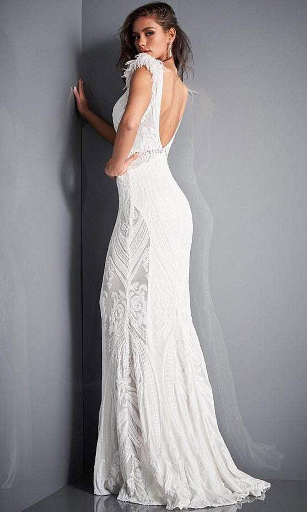 Jovani - 3180 Feathered Cap Sleeve Patterned Sequin Gown - view 7