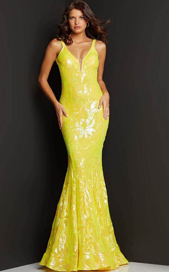 Jovani - 3263 Deep V-neck Fit and Flare Simple Prom Dress - view 12