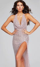 Jovani 34396 - Cowl Metallic Evening Gown - back view