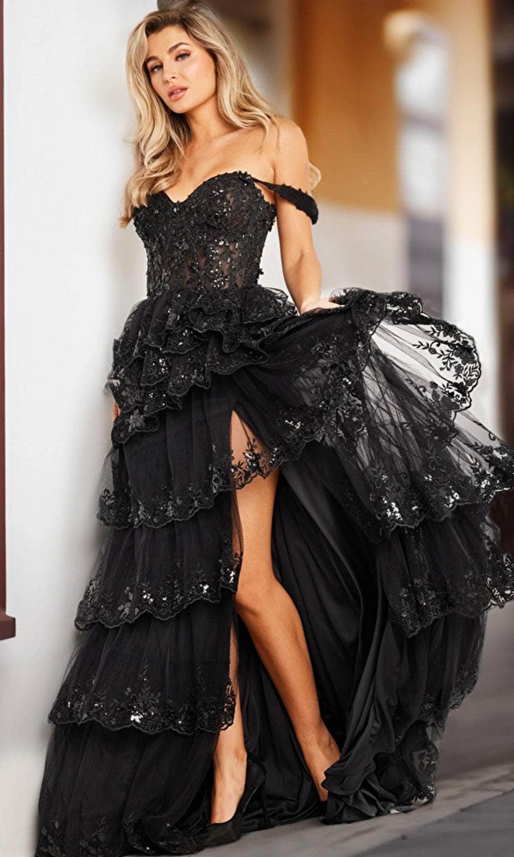 Jovani 36687 - Scalloped A-Line Prom Dress with Slit - designer prom dress at Silhouette Dresses