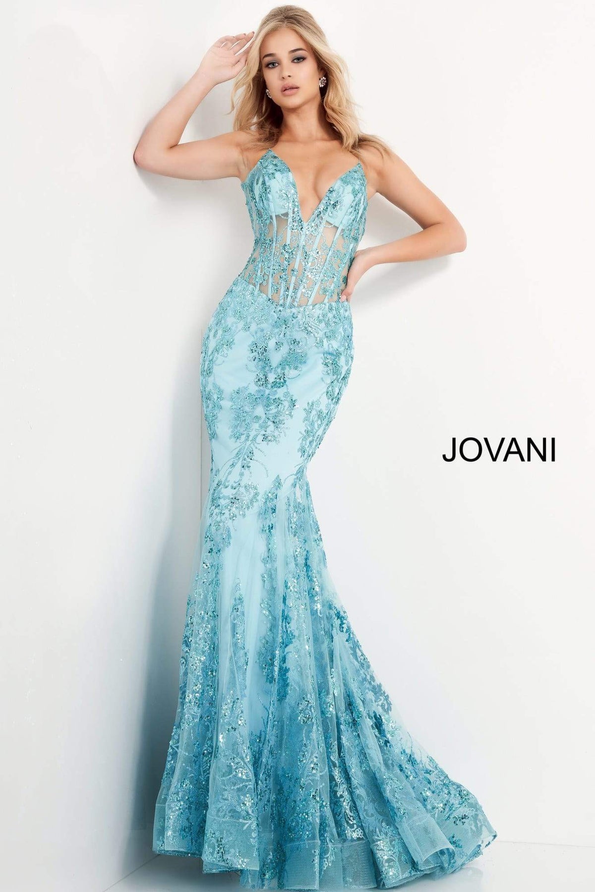 Jovani - 3675 Sequined Illusion Corset Simple Prom Mermaid Gown - view 13
