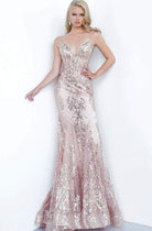 Jovani - 3675 Sequined Illusion Corset Simple Prom Mermaid Gown - view 4