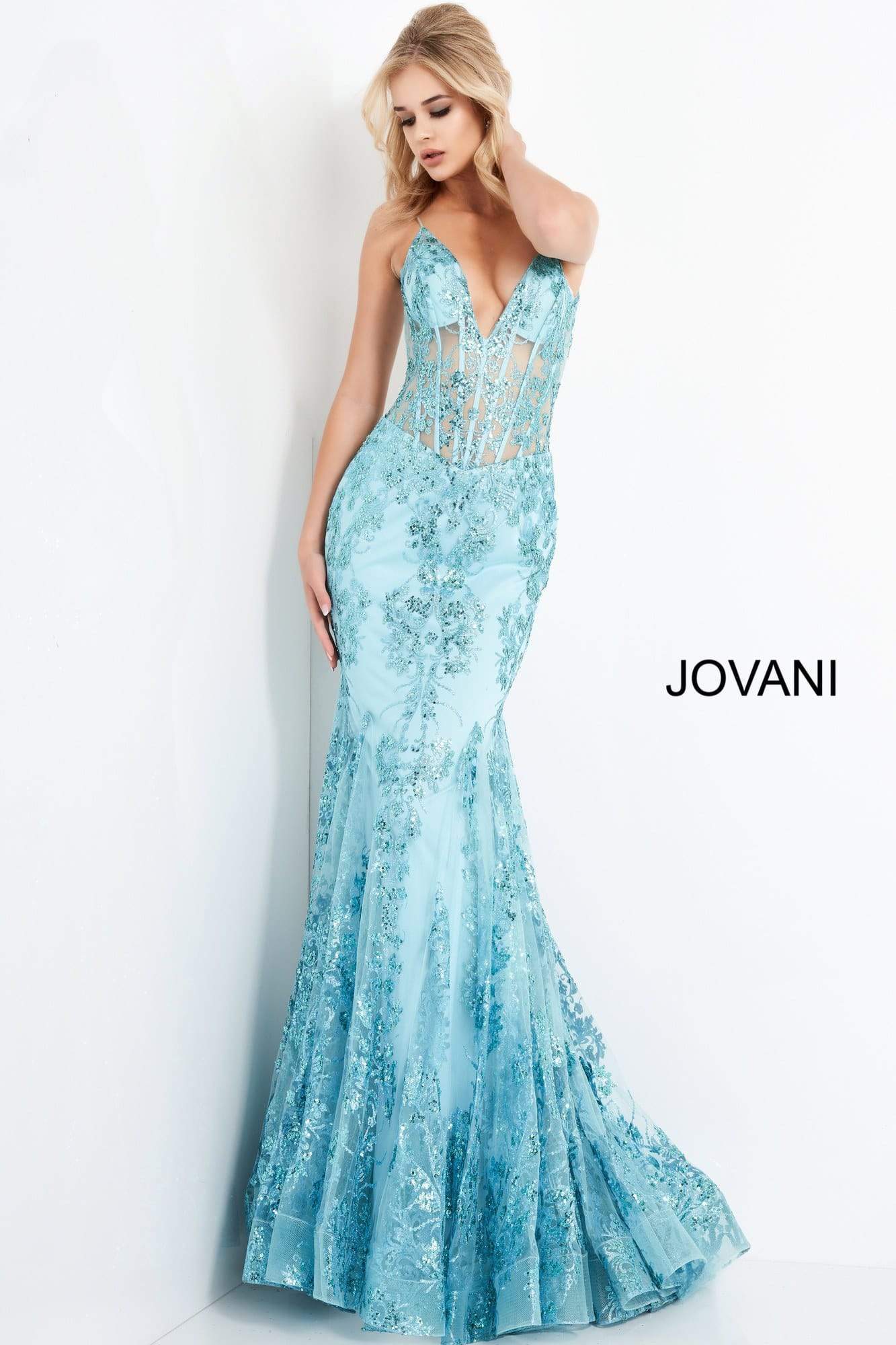 Jovani - 3675 Sequined Illusion Corset Simple Prom Mermaid Gown - view 14