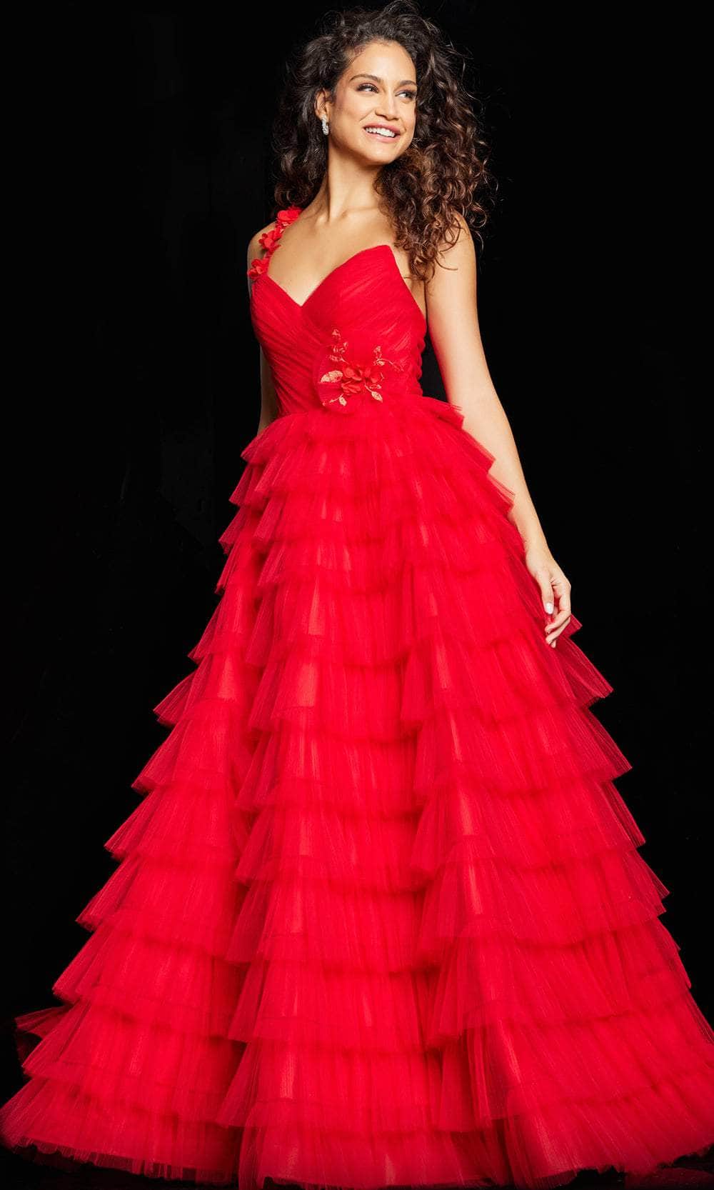 Jovani 37274 - Single Strap Layered A-line Gown - detail view