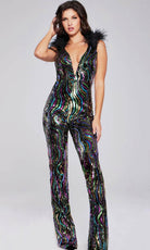 Jovani 37276 - Feather Detailed Plunging V-neck Cocktail Dress - designer formal jumpsuit at Silhouette Dresses