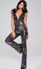 Jovani 37276 - Feather Detailed Plunging V-neck Cocktail Dress - back view