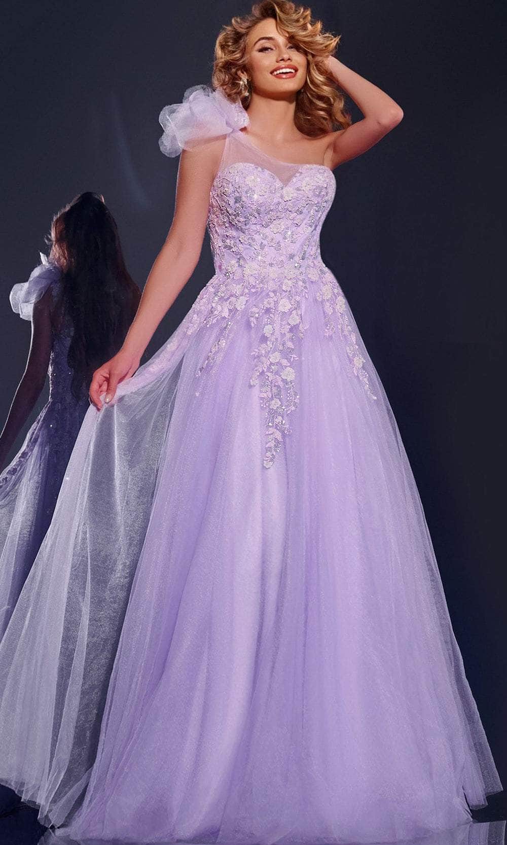 Jovani 37427 - One Shoulder Floral Appliqued Ballgown - back view