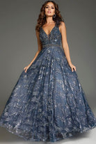 Jovani 37551 - Rhinestone Embellished Plunging V-Neck Prom Gown - back view
