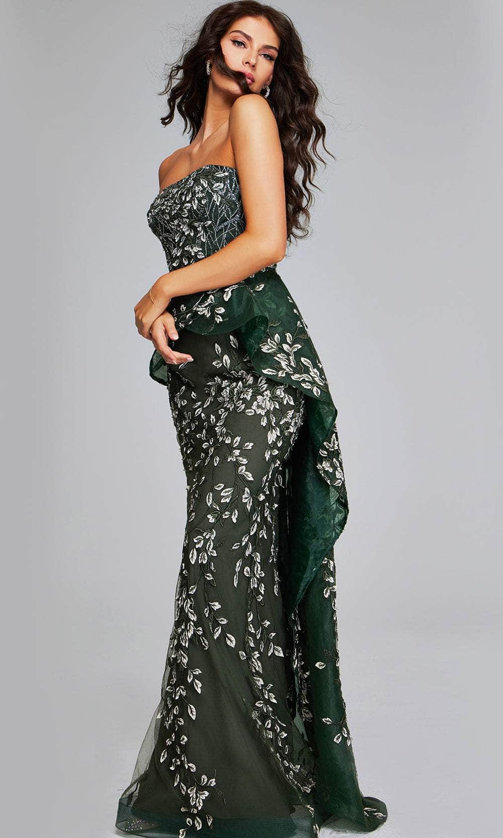 Jovani 37599 - Embroidered Ruffled Overskirt Evening Gown - back view