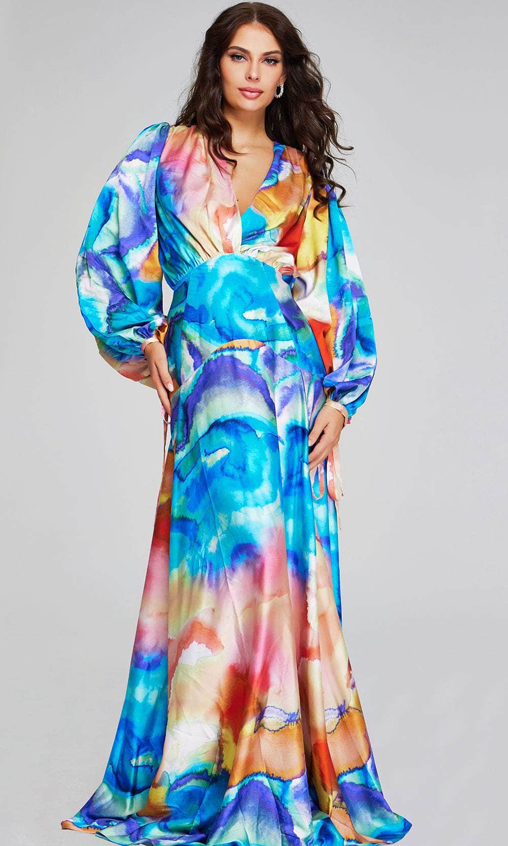 Jovani 37669 - Surplice V-Neck Multicolor Evening Gown - detail view
