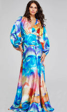 Jovani 37669 - Surplice V-Neck Multicolor Evening Gown - detail view