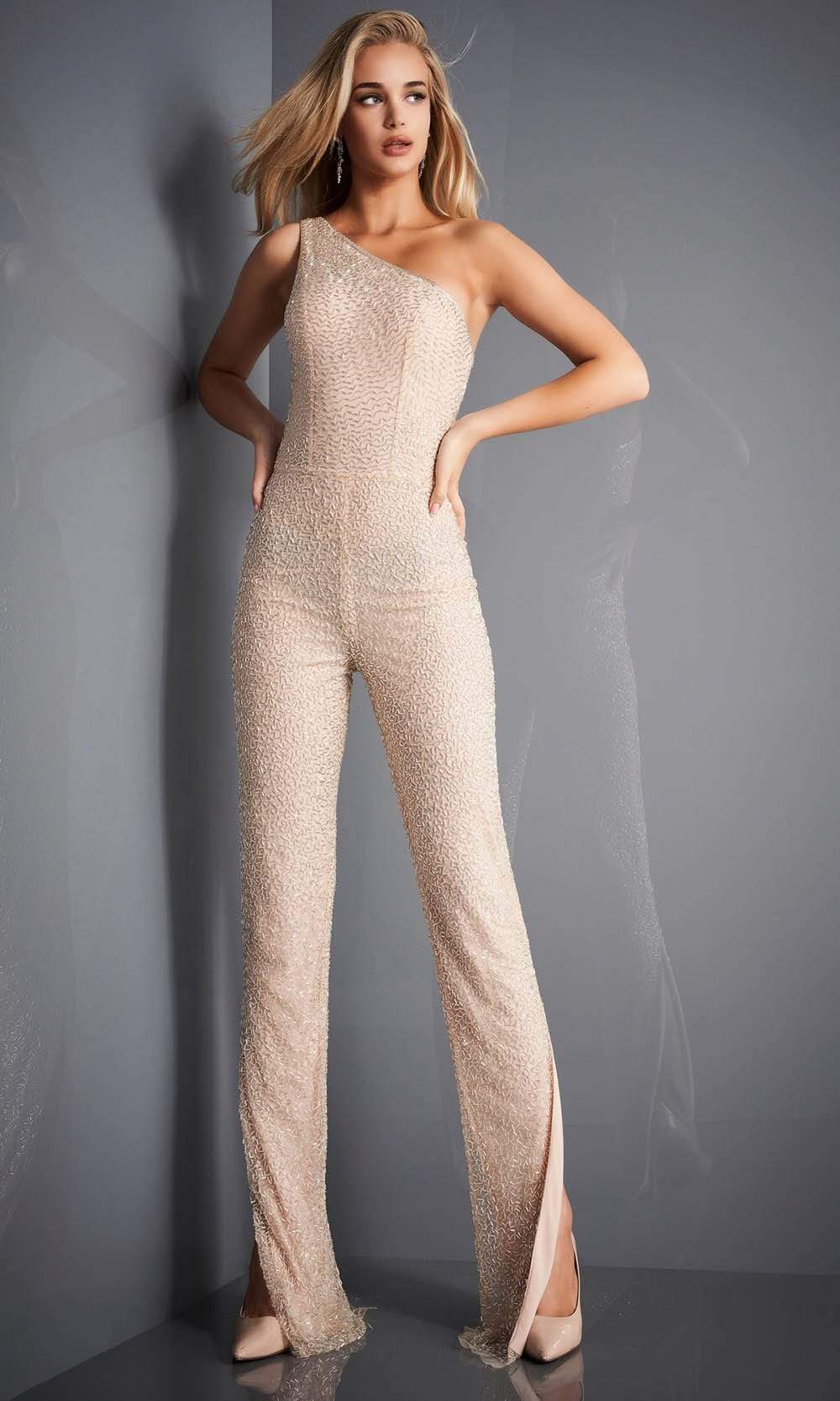 Jovani - 3816 Beaded One Shoulder Split Jumpsuit - back view