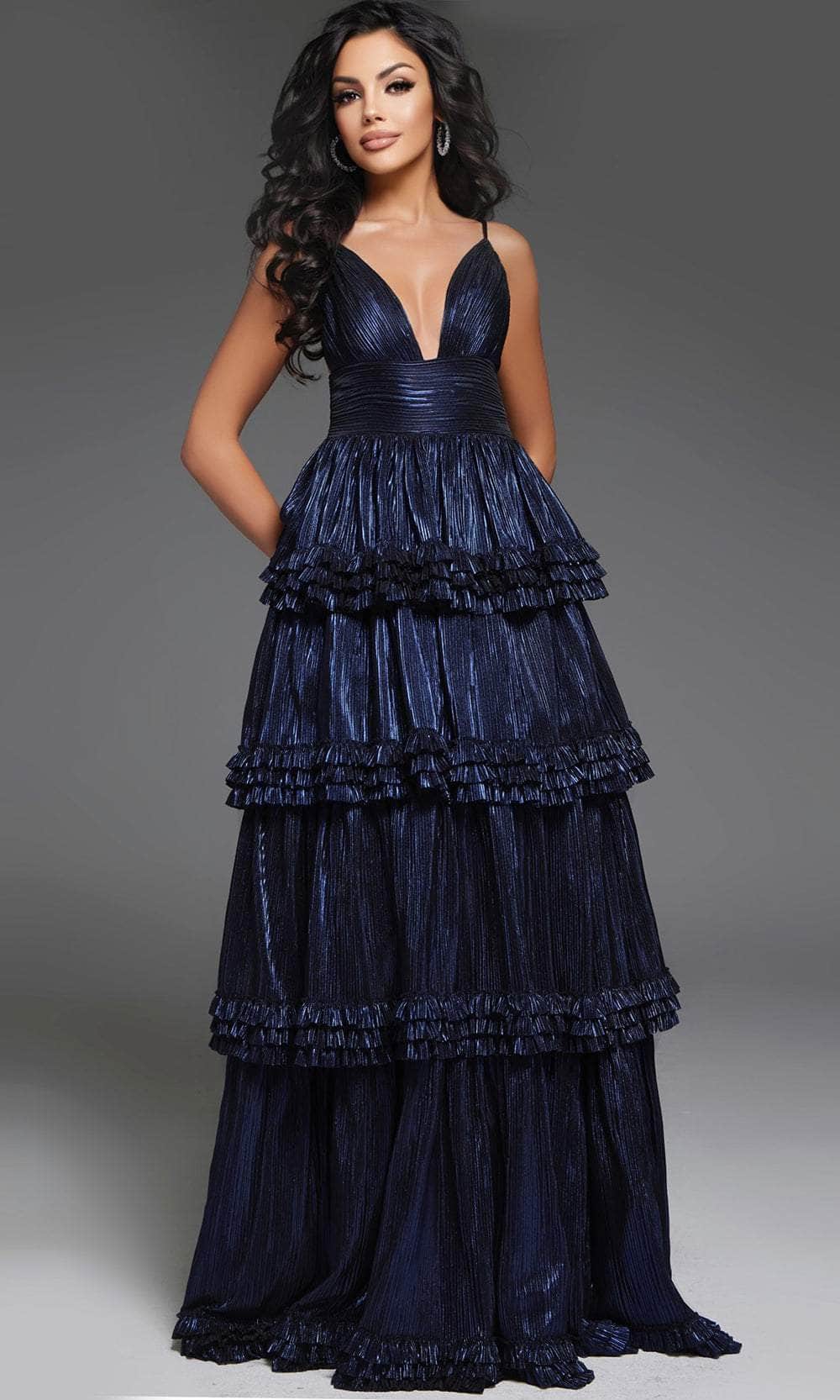 Jovani 38296 - Metallic Pleated A-Line Prom Gown - back view