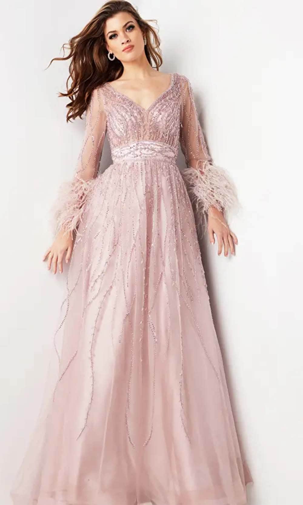 Jovani 38583 - Feather Embellished Long Sleeve Prom Dress - designer prom dress at Silhouette Dresses