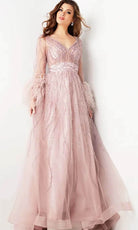 Jovani 38583 - Feather Embellished Long Sleeve Prom Dress - detail view