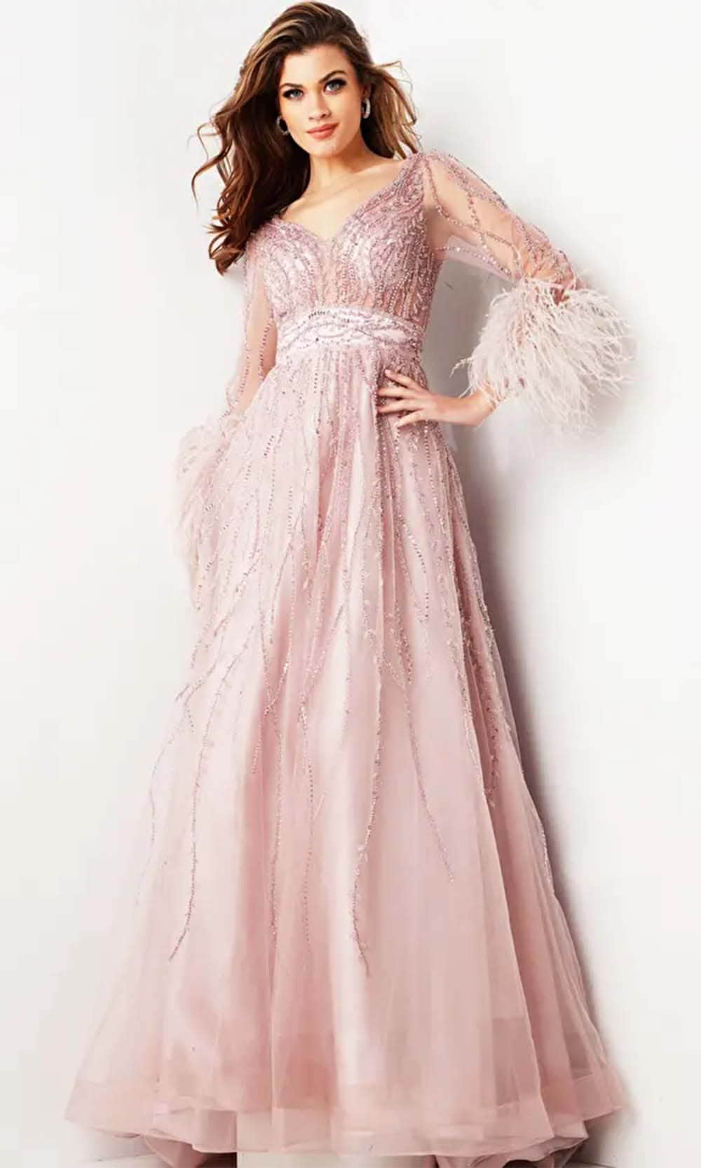 Jovani 38583 - Feather Embellished Long Sleeve Prom Dress - back view