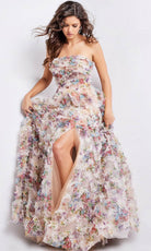 Jovani 38650 - Floral Print Ruffled A-line Gown - detail view
