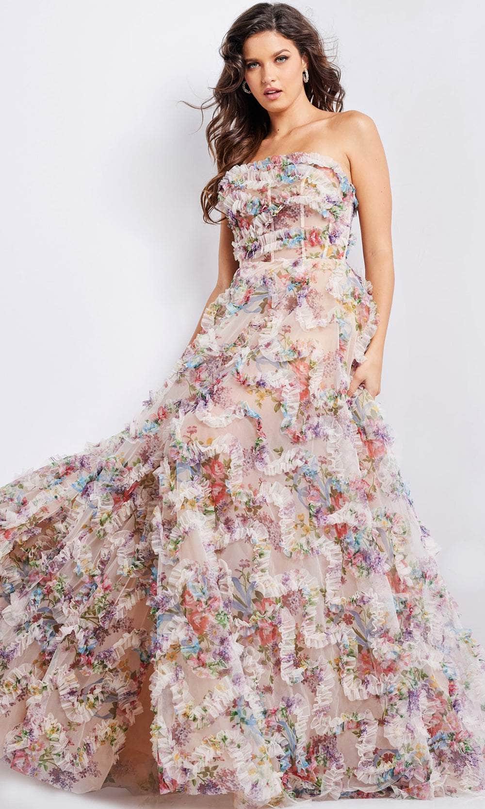 Jovani 38650 - Floral Print Ruffled A-line Gown - back view
