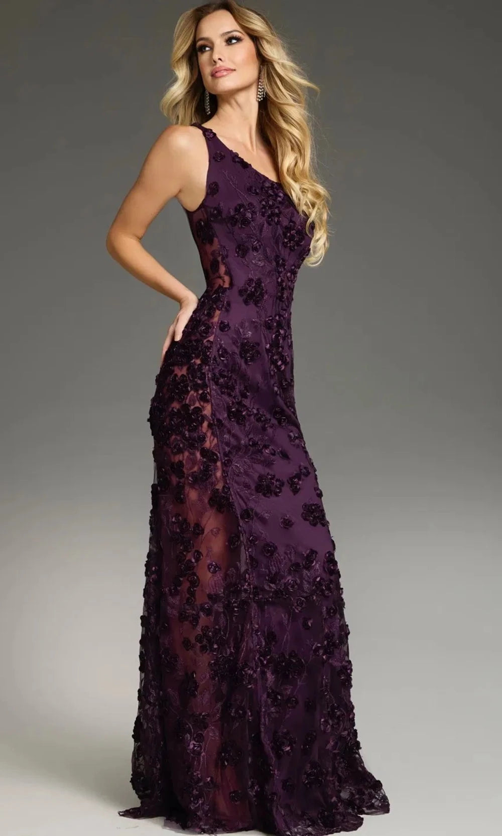 Jovani 38684 - One Shoulder Gown with 3D Appliques - detail view