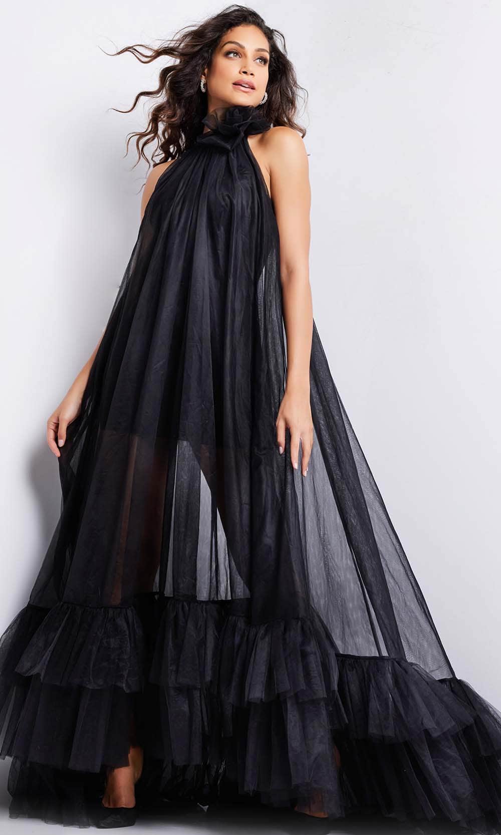 Jovani 38720 - Floral Applique Tulle Prom Dress - detail view