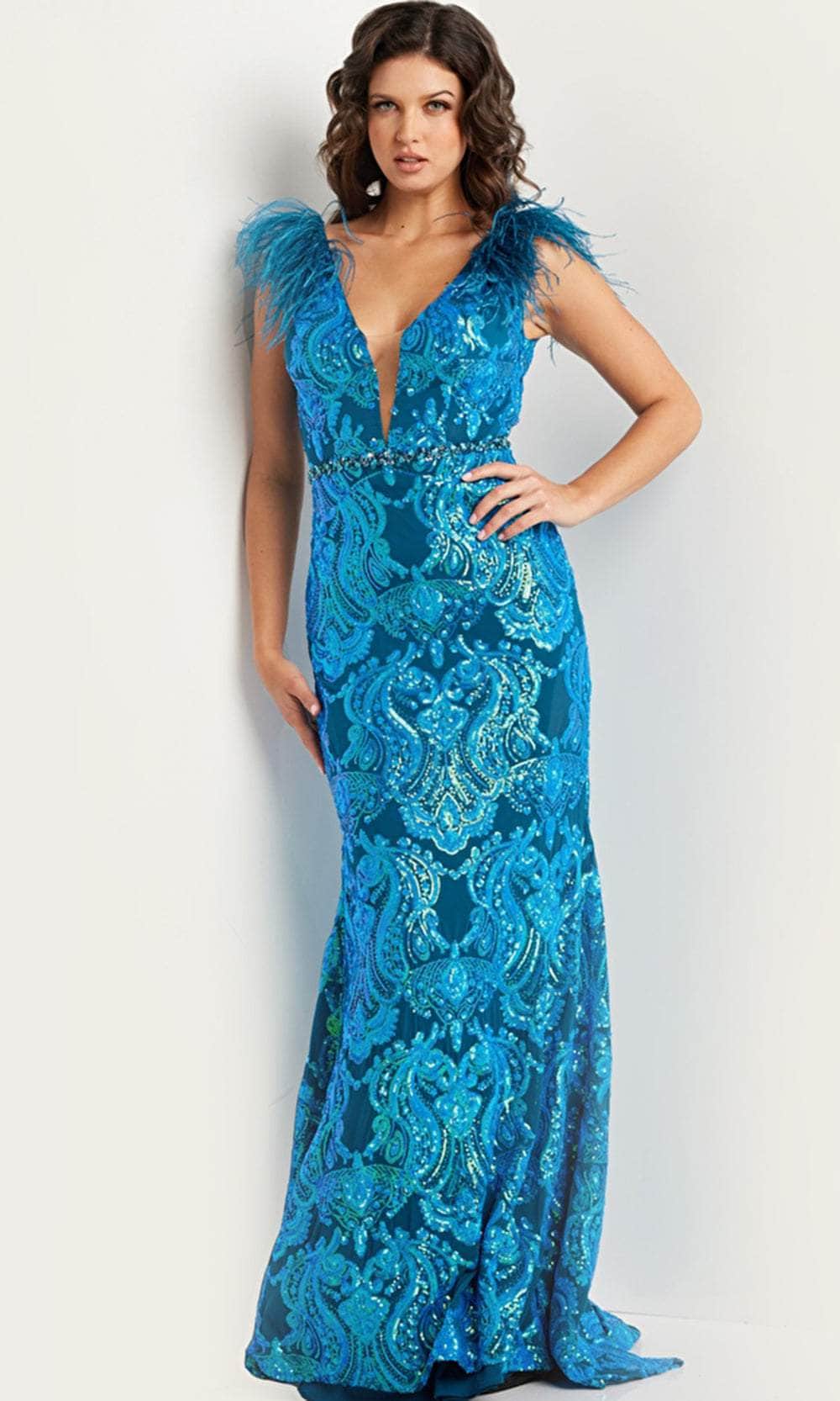 Jovani 38758 - Feather Sequined Long Gown - back view